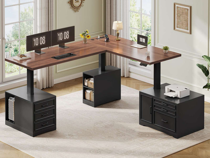 SEDETA 76.8 Inch Farmhouse L Shaped Electric Standing Desk with File Cabinet Height Adjustable Home Office Computer Desk with 6 Drawers Sit Stand Desk with Power Outlet
