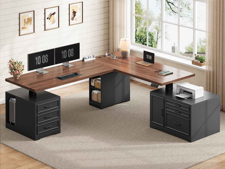 SEDETA 76.8 Inch Farmhouse L Shaped Electric Standing Desk with File Cabinet Height Adjustable Home Office Computer Desk with 6 Drawers Sit Stand Desk with Power Outlet