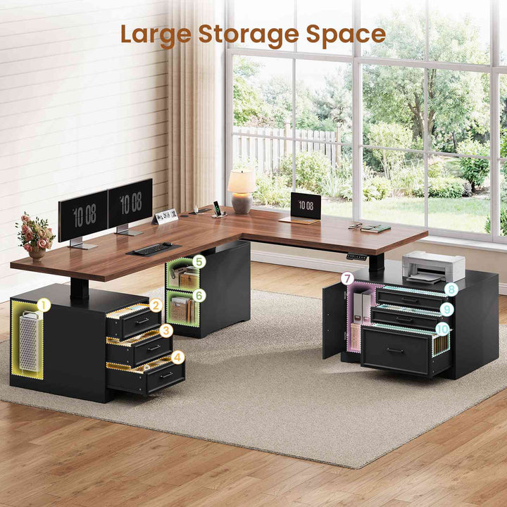 SEDETA 76.8 Inch Farmhouse L Shaped Electric Standing Desk with File Cabinet Height Adjustable Home Office Computer Desk with 6 Drawers Sit Stand Desk with Power Outlet
