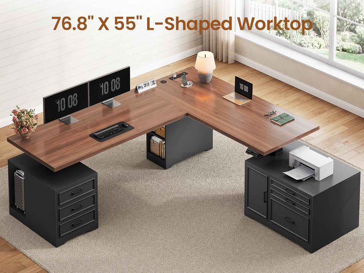 SEDETA 76.8 Inch Farmhouse L Shaped Electric Standing Desk with File Cabinet Height Adjustable Home Office Computer Desk with 6 Drawers Sit Stand Desk with Power Outlet
