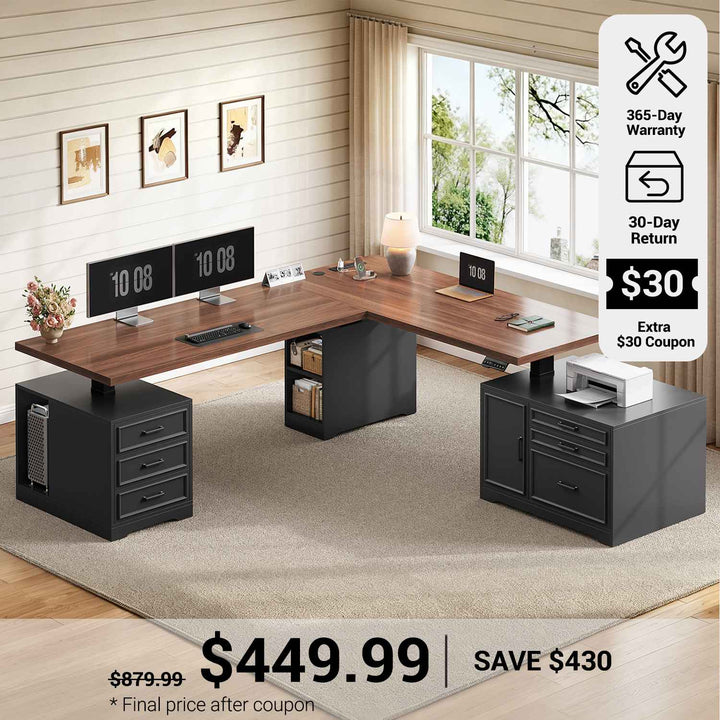 SEDETA® 76.8 Inch Electric Height Adjustable Desk with 6 Drawers Farmhouse L Shaped  Standing Desk with File Cabinet Sit Stand Desk with Power Outlet