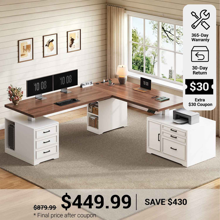 SEDETA® 76.8 Inch Electric Height Adjustable Desk with 6 Drawers Farmhouse L Shaped  Standing Desk with File Cabinet Sit Stand Desk with Power Outlet