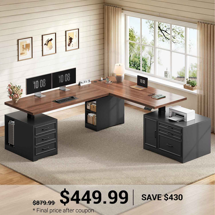 SEDETA® 76.8 Inch Electric Height Adjustable Desk with 6 Drawers Farmhouse L Shaped  Standing Desk with File Cabinet Sit Stand Desk with Power Outlet