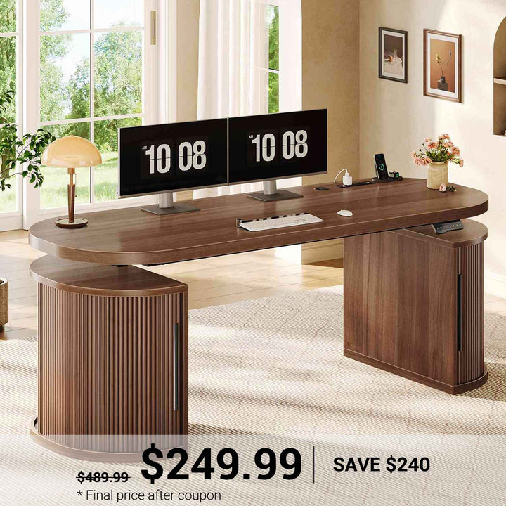SEDETA | 57 Inch Electric Standing Desk with Storage Height Adjustable Executive Fluted Desk with Curved Cabinets Computer Desk with Power Strip