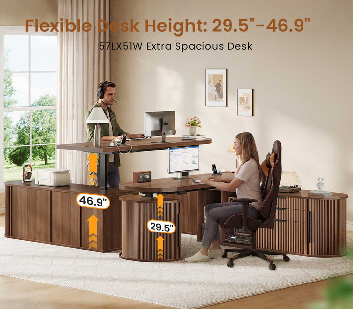 SEDETA® 57 Inch Electric Height Adjustable Standing Desk with Drawers Fluted Desk with Power Strip for Home Office
