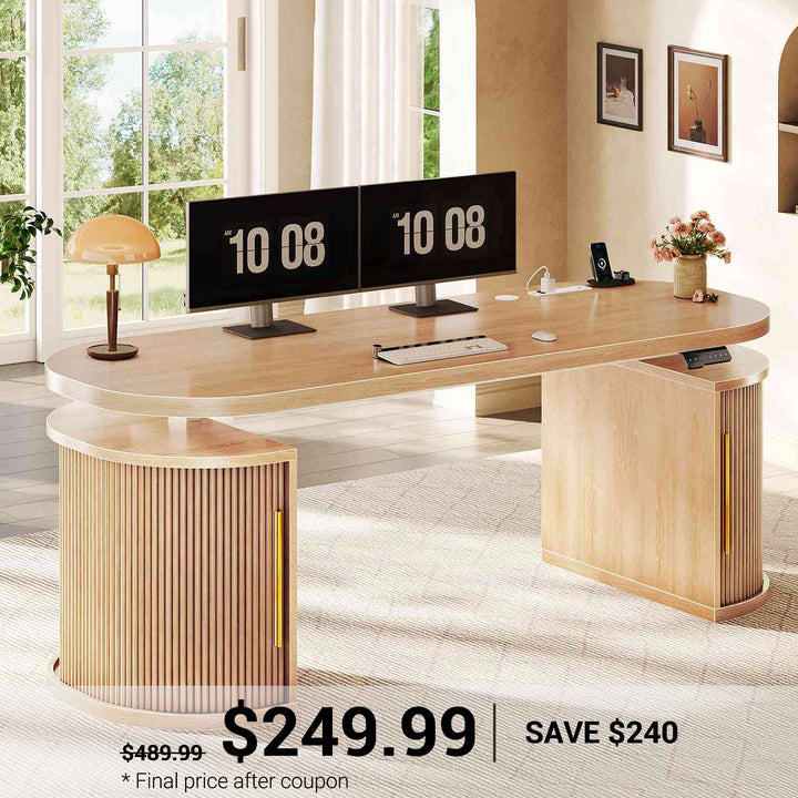SEDETA | 57 Inch Electric Standing Desk with Storage Height Adjustable Executive Fluted Desk with Curved Cabinets Computer Desk with Power Strip