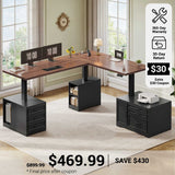 SEDETA 76.8 Inch Farmhouse L Shaped Electric Standing Desk with File Cabinet Height Adjustable Home Office Computer Desk with 6 Drawers Sit Stand Desk with Power Outlet