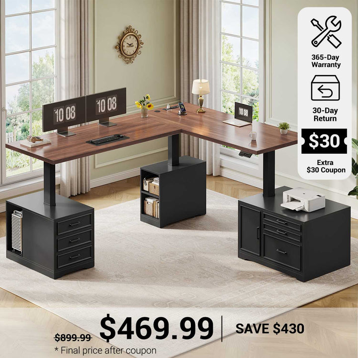 SEDETA 76.8 Inch Farmhouse L Shaped Electric Standing Desk with File Cabinet Height Adjustable Home Office Computer Desk with 6 Drawers Sit Stand Desk with Power Outlet