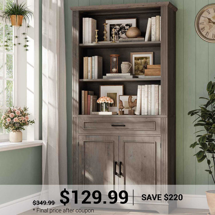 SEDETA | 70 Inch Tall Farmhouse Bookshelf with Doors and Drawer Floor Standing 6 Shelf Display Storage Shelves