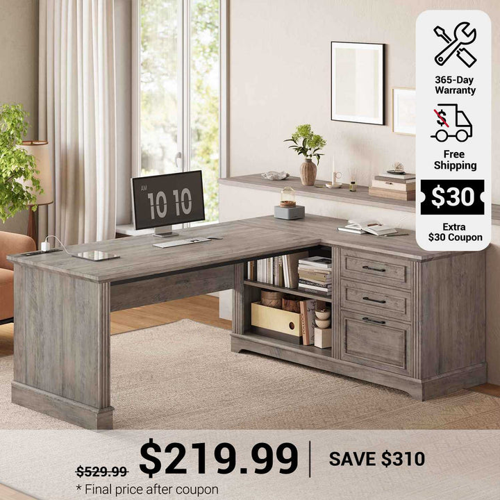 SEDETA 61 Inch Farmhouse  Executive L Shaped Desk with File Drawers Power Outlets Storage Shelves for Home Office