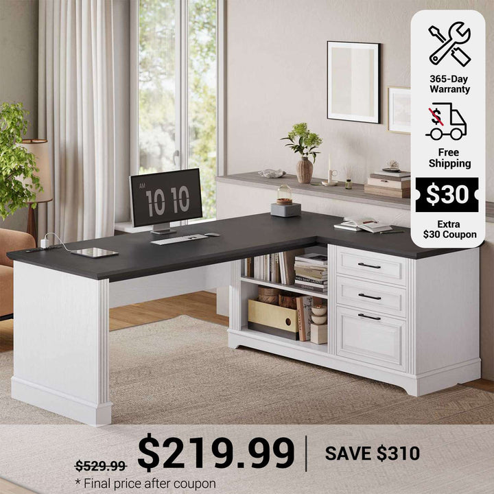 SEDETA 61 Inch Farmhouse  Executive L Shaped Desk with File Drawers Power Outlets Storage Shelves for Home Office