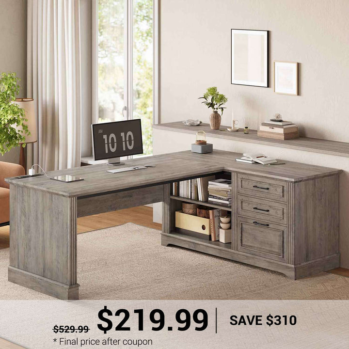 SEDETA 61 Inch Farmhouse  Executive L Shaped Desk with File Drawers Power Outlets Storage Shelves for Home Office