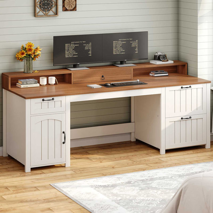 SEDETA 63 Inch Farmhouse Wood Computer Desk Executive Desk with Drawers Storage Cabinet Monitor Stand