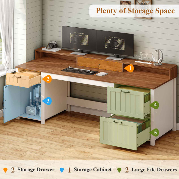SEDETA 63 Inch Farmhouse Wood Computer Desk Executive Desk with Drawers Storage Cabinet Monitor Stand