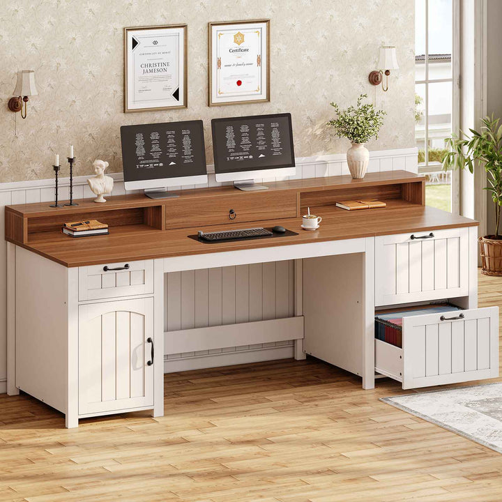 SEDETA 63 Inch Farmhouse Wood Computer Desk Executive Desk with Drawers Storage Cabinet Monitor Stand