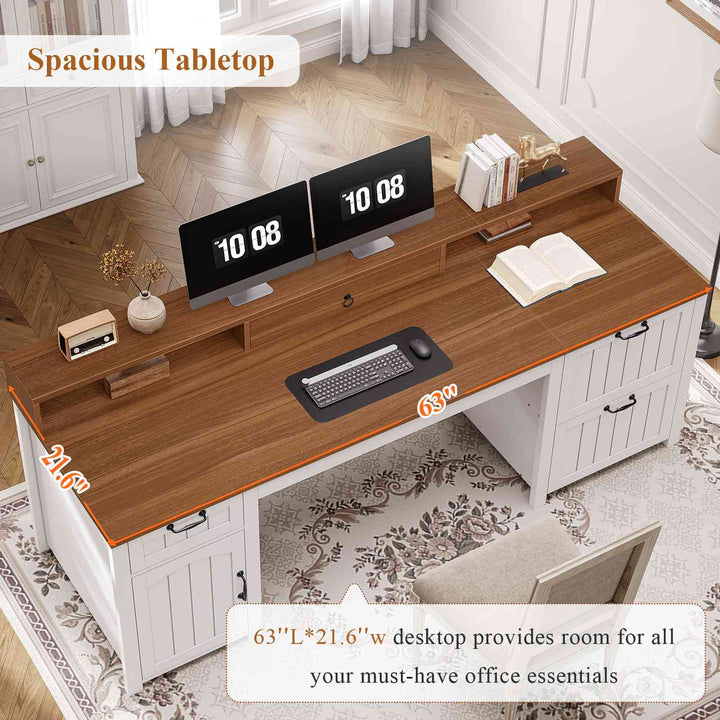 SEDETA 63 Inch Farmhouse Wood Computer Desk Executive Desk with Drawers Storage Cabinet Monitor Stand
