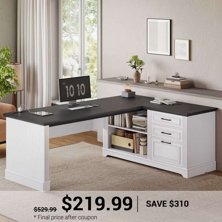 SEDETA 61 Inch Farmhouse  Executive L Shaped Desk with File Drawers Power Outlets Storage Shelves for Home Office