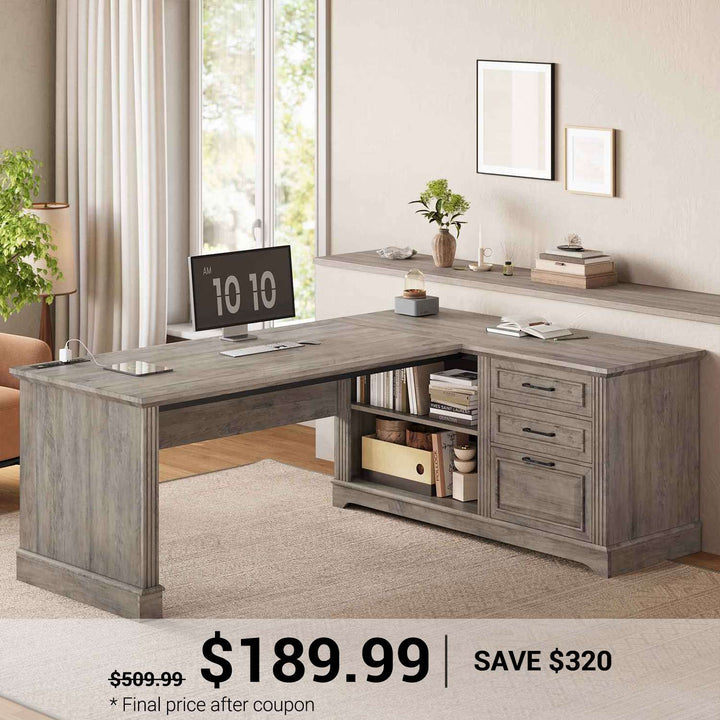 SEDETA® 61 Inch L Shaped Farmhouse Executive Computer Desk with Power Outlets File Drawers and Storage Shelves
