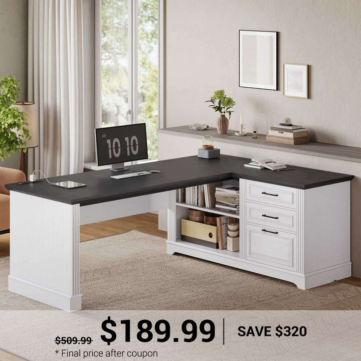SEDETA® 61 Inch L Shaped Farmhouse Executive Computer Desk with Power Outlets File Drawers and Storage Shelves