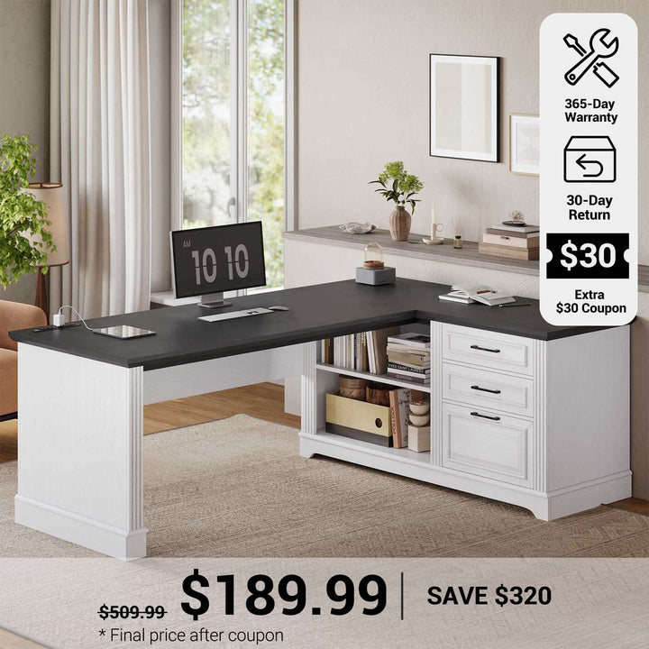 SEDETA® 61 Inch L Shaped Farmhouse Executive Computer Desk with Power Outlets File Drawers and Storage Shelves