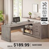 SEDETA® 61 Inch L Shaped Farmhouse Executive Computer Desk with Power Outlets File Drawers and Storage Shelves