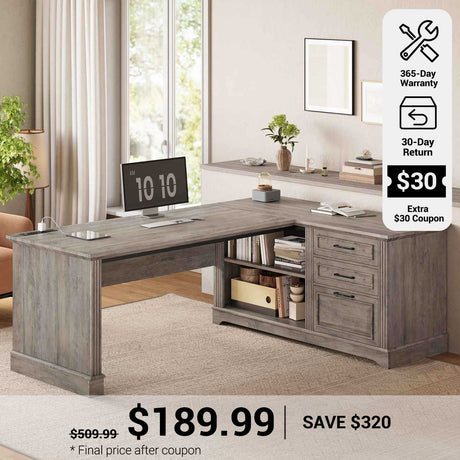 SEDETA® 61 Inch L Shaped Farmhouse Executive Computer Desk with Power Outlets File Drawers and Storage Shelves