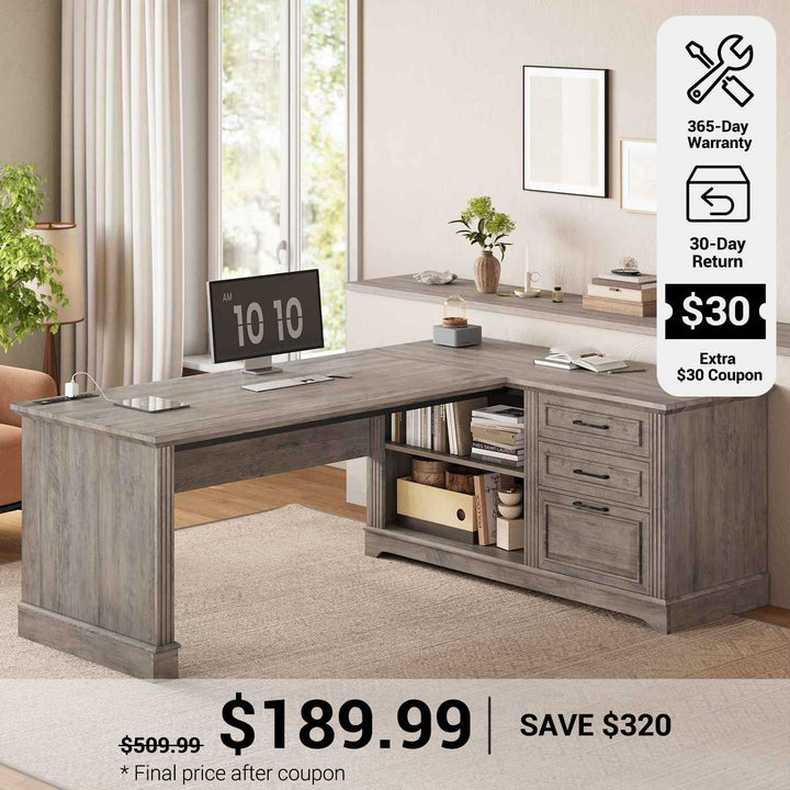 SEDETA® 61 Inch L Shaped Farmhouse Executive Computer Desk with Power Outlets File Drawers and Storage Shelves
