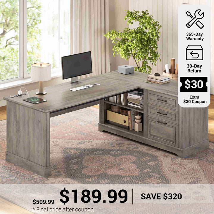 SEDETA® 61 Inch L Shaped Farmhouse Executive Computer Desk with Power Outlets File Drawers and Storage Shelves