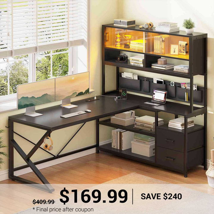 SEDETA | 59 Inch L Shaped Gaming Desk with Glass Display Cabinet & Power Outlet, Super Spacious Corner Computer Table with Storage