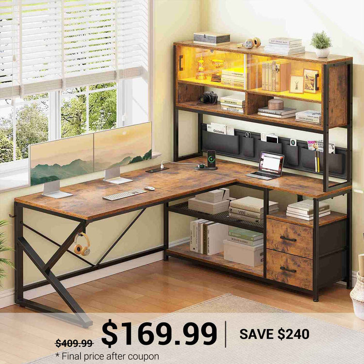 SEDETA | 59 Inch L Shaped Gaming Desk with Glass Display Cabinet & Power Outlet, Super Spacious Corner Computer Table with Storage