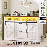 SEDETA 47.2 Inch File Cabinet 2 Drawers Farmhouse Filing Cabinets for A4 File with Barn Door Power Outlets Printer Stand LED Lights