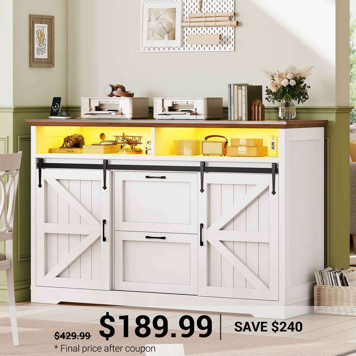 SEDETA 47.2 Inch File Cabinet 2 Drawers Farmhouse Filing Cabinets for A4 File with Barn Door Power Outlets Printer Stand LED Lights