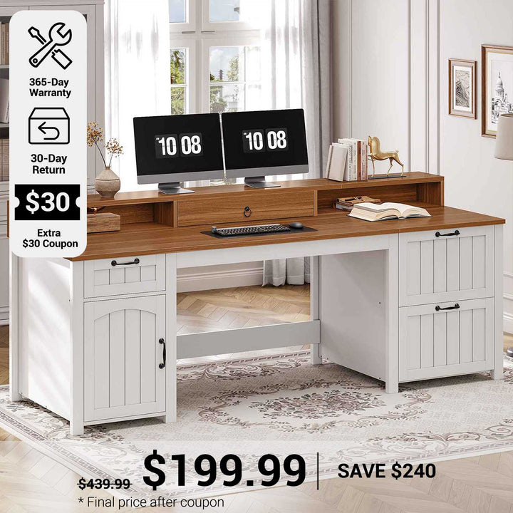 SEDETA 63 Inch Farmhouse Wood Computer Desk Executive Desk with Drawers Storage Cabinet Monitor Stand