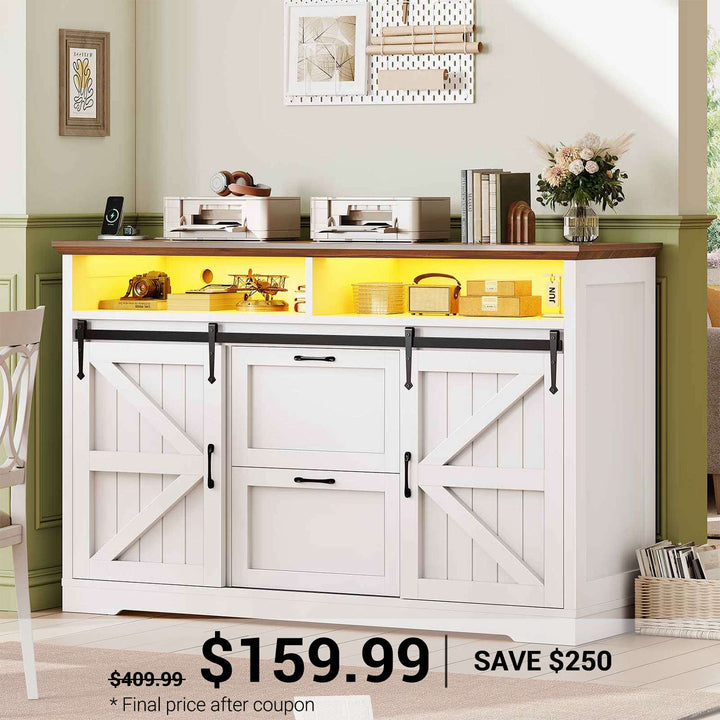 SEDETA | 47.2 Inch Farmhouse File Cabinet with Barn Door Printer Stand Power Outlets LED Lights Filing Cabinets fit Legal/Letter/A4 File