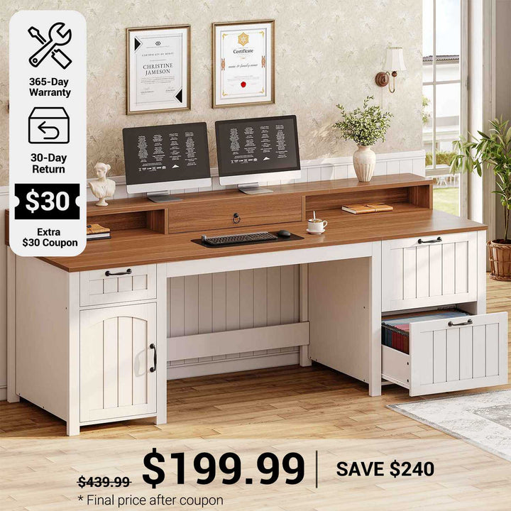 SEDETA 63 Inch Farmhouse Wood Computer Desk Executive Desk with Drawers Storage Cabinet Monitor Stand