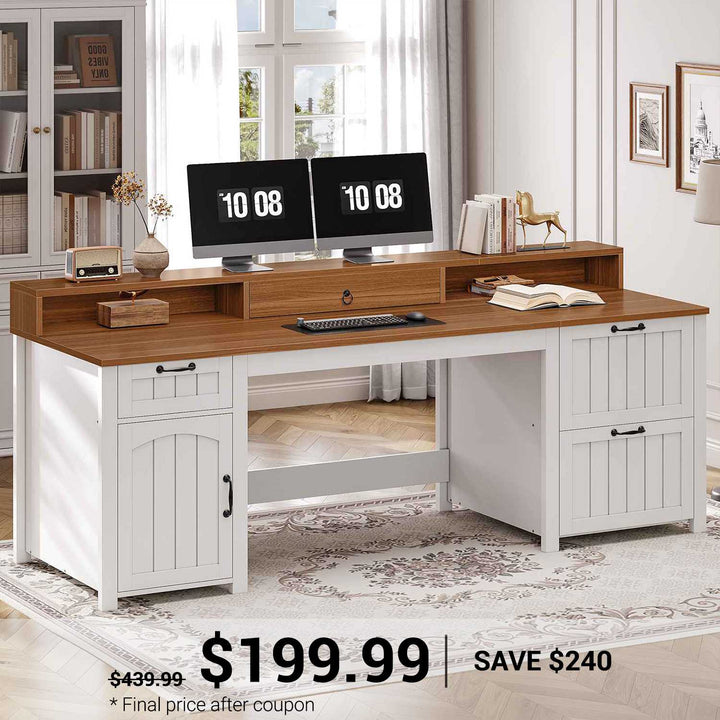 SEDETA 63 Inch Farmhouse Wood Computer Desk Executive Desk with Drawers Storage Cabinet Monitor Stand