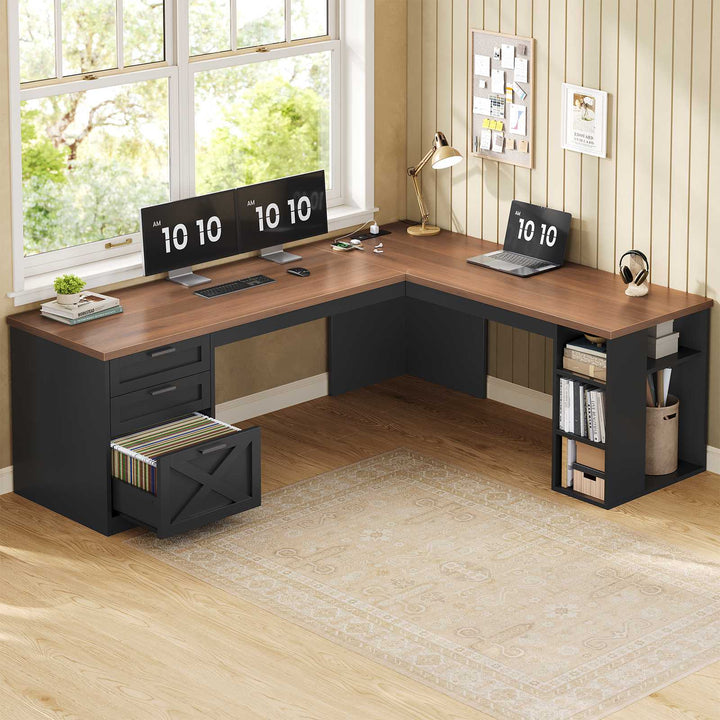 SEDETA® 67 Inch Farmhouse L Shaped Computer Desk with 3 Drawers Home Office Executive Desk with Storage Shelves and Power Outlets