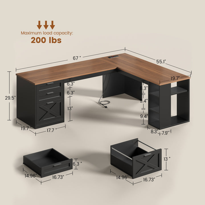 SEDETA® 67 Inch Farmhouse L Shaped Computer Desk with 3 Drawers Home Office Executive Desk with Storage Shelves and Power Outlets