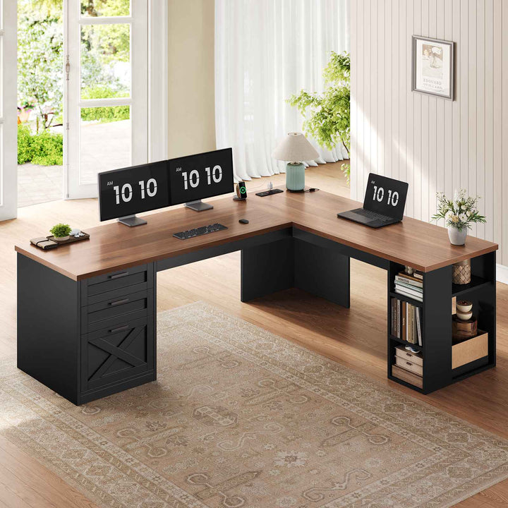 SEDETA® 67 Inch Farmhouse L Shaped Computer Desk with 3 Drawers Home Office Executive Desk with Storage Shelves and Power Outlets