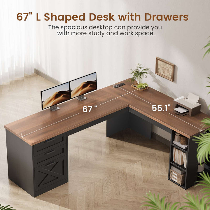 SEDETA® 67 Inch Farmhouse L Shaped Computer Desk with 3 Drawers Home Office Executive Desk with Storage Shelves and Power Outlets