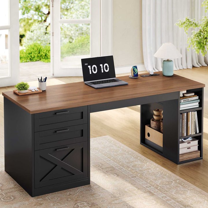 SEDETA® 55.1 Inch Executive Desk Farmhouse Computer Desk with Power Outlet 3 Drawers Storage Shelves for Home Office