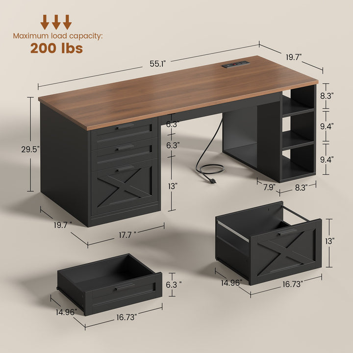 SEDETA® 55.1 Inch Executive Desk Farmhouse Computer Desk with Power Outlet 3 Drawers Storage Shelves for Home Office