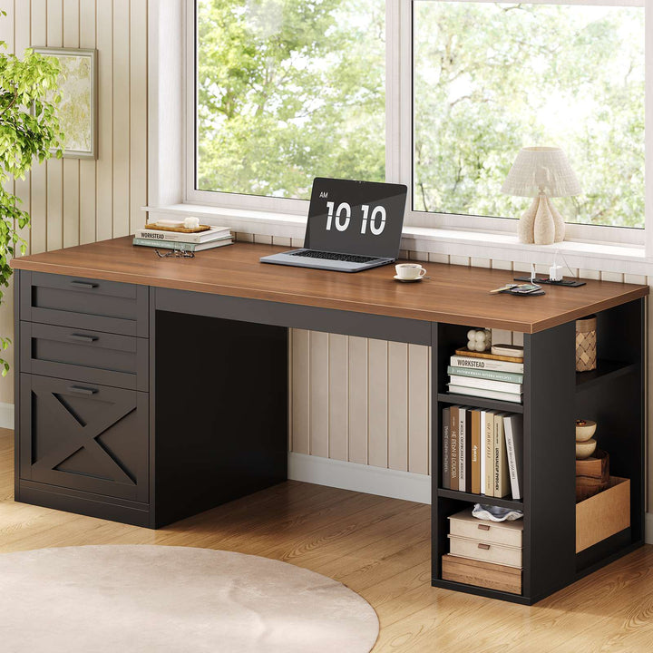 SEDETA® 55.1 Inch Executive Desk Farmhouse Computer Desk with Power Outlet 3 Drawers Storage Shelves for Home Office