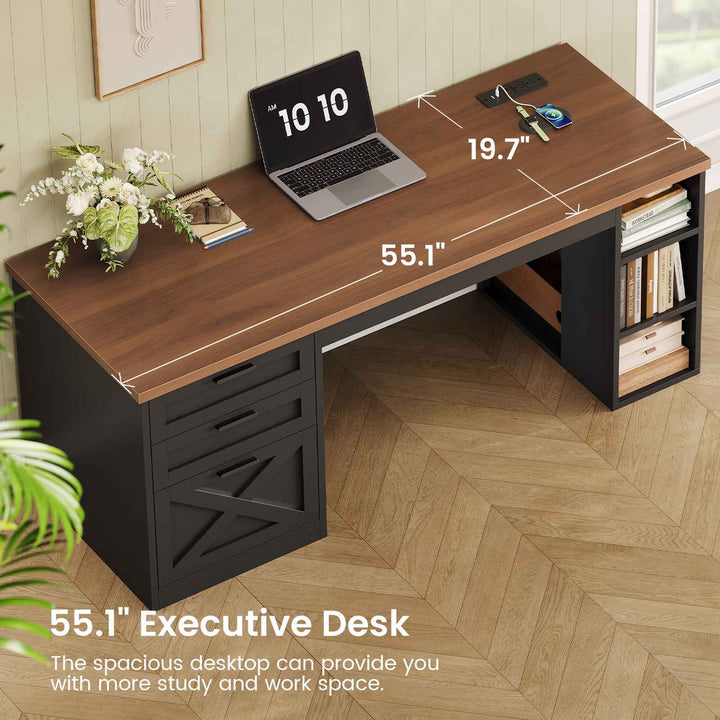 SEDETA® 55.1 Inch Executive Desk Farmhouse Computer Desk with Power Outlet 3 Drawers Storage Shelves for Home Office