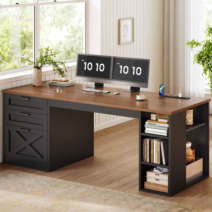 SEDETA® 55.1 Inch Executive Desk Farmhouse Computer Desk with Power Outlet 3 Drawers Storage Shelves for Home Office