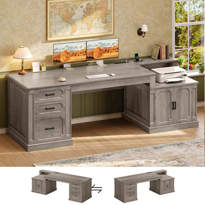SEDETA® 70.9 Inch Vintage Computer Desk with Printer Stand & Power Outlet, Farmhouse Executive Home Office Desk, File Drawers, Storage Cabinet