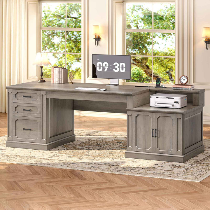 SEDETA® 70.9 Inch Vintage Computer Desk with Printer Stand & Power Outlet, Farmhouse Executive Home Office Desk, File Drawers, Storage Cabinet