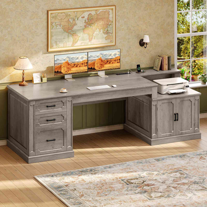 SEDETA® 70.9 Inch Vintage Computer Desk with Printer Stand & Power Outlet, Farmhouse Executive Home Office Desk, File Drawers, Storage Cabinet