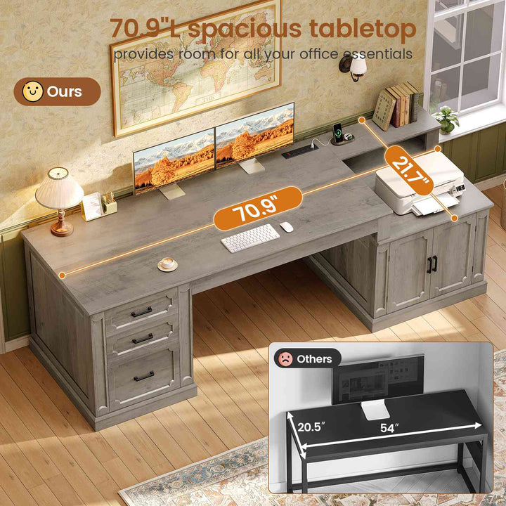 SEDETA® 70.9 Inch Vintage Computer Desk with Printer Stand & Power Outlet, Farmhouse Executive Home Office Desk, File Drawers, Storage Cabinet
