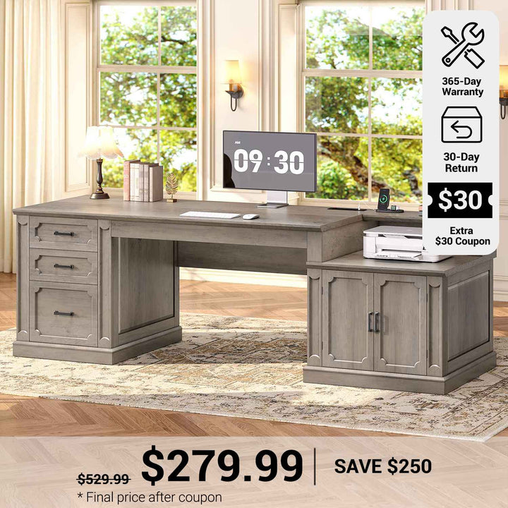 SEDETA 70.9 Inch Farmhouse Executive Desk Vintage Computer Desk Home Office with Drawers Storage Cabinet Desk Printer Stand Power Outlet